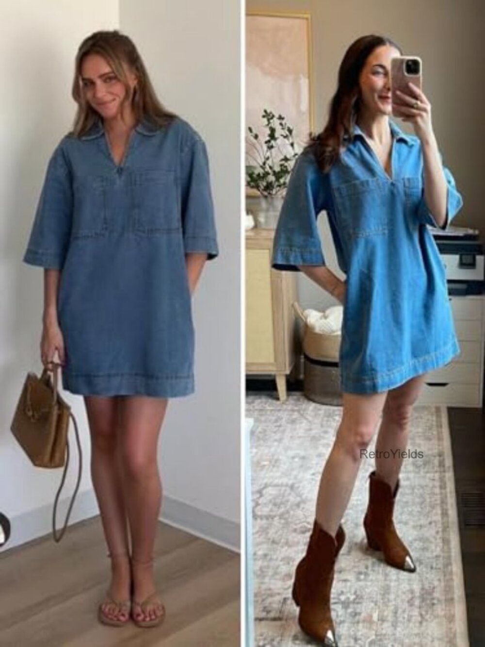 Denim Mini Dress Shift Silhouette Deep V Neck Short Sleeve Casual Staple - Picture 5 of 7